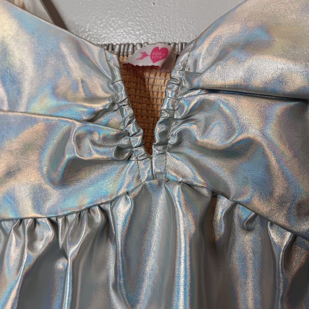 Revolve Buddy Love Houston Top M Iridescent Silver Puff Sleeve Babydoll Y2K - Picture 3 of 10